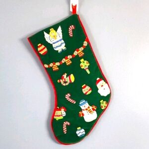 Vintage Velvet Embroidered 16" Christmas Stocking w/ Santa, Angel & Snowman